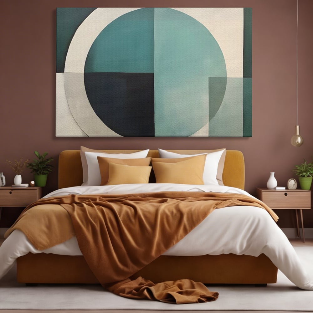 Tablou canvas cu tablou canvas cu forme geometrice, fara rama, pe sasiu de lemn, pe perete intr-un dormitor
